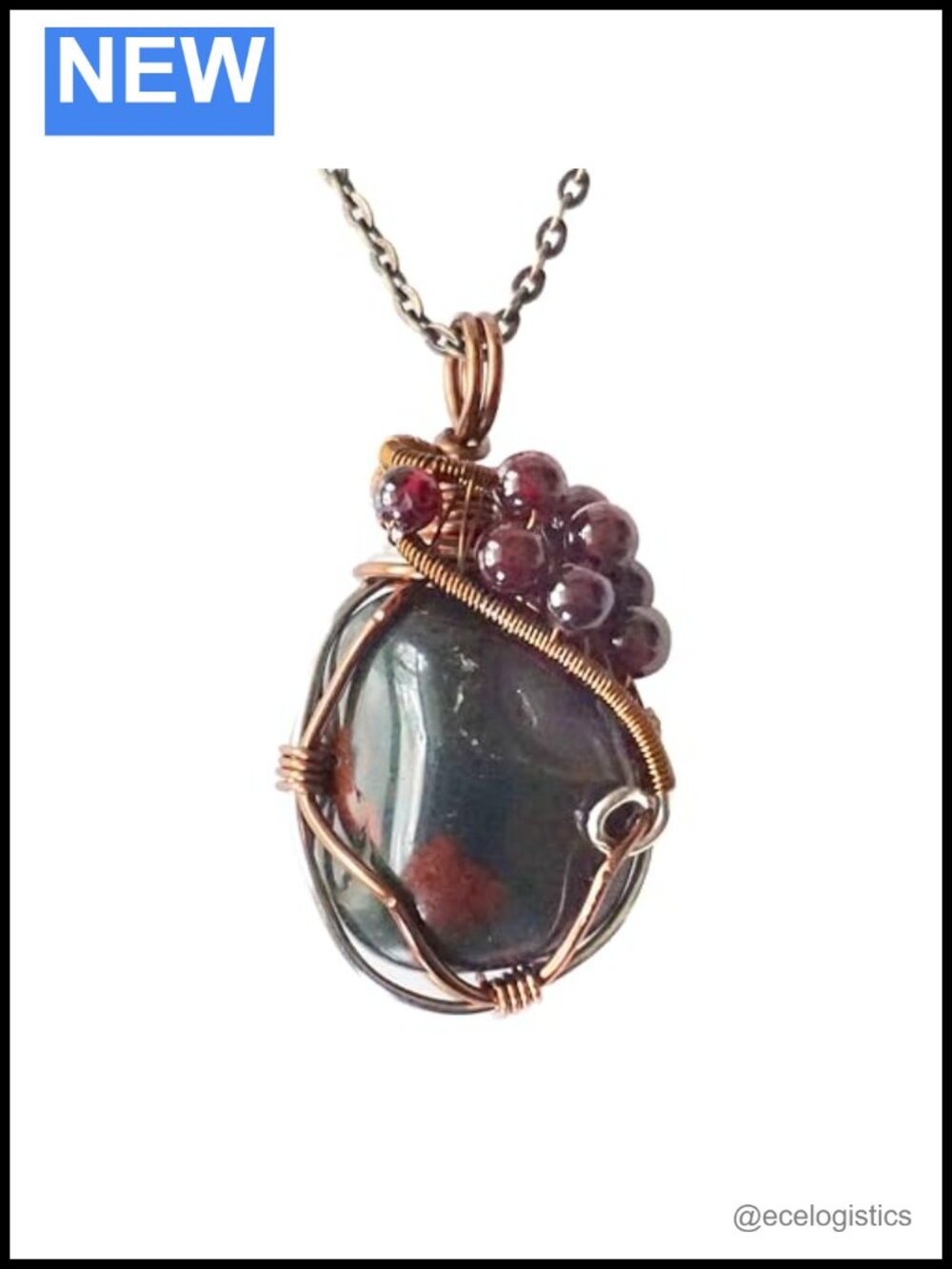 Bloodstone Garnet Wire Wrapped Pendant Necklace 24" Bronze